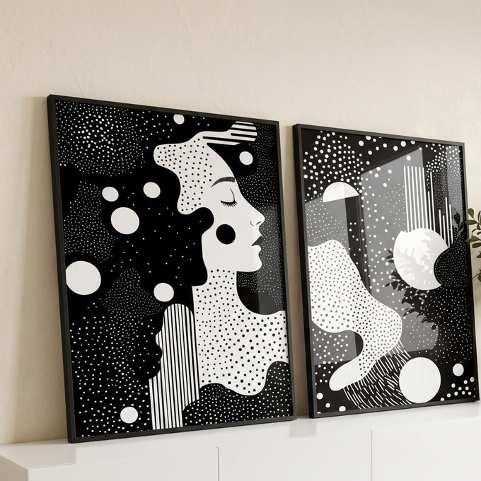 Perfil de mulher de olhos fechados com bolinhas e círculos brancos sobre preto em 2 telas, quadro decorativo