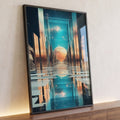 Corredor de pilares espelhados com lua laranja, céu estrelado e reflexo azul na água, quadro decorativo