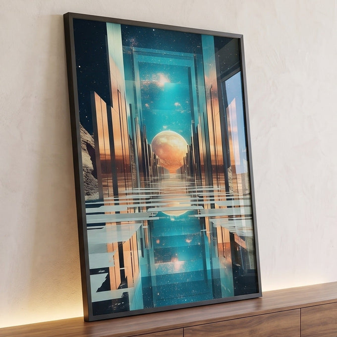 Corredor de pilares espelhados com lua laranja, céu estrelado e reflexo azul na água, quadro decorativo