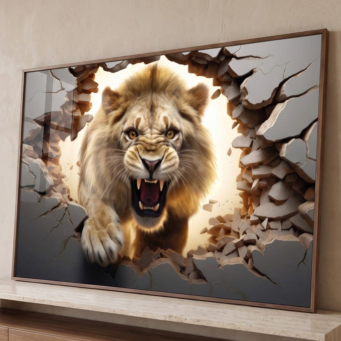 Leão dourado rugindo saltando de parede cinza rachada com luz ao fundo em efeito 3D, quadro decorativo