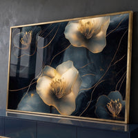 Quadro Decorativo Grande Flores Douradas para Sala Azul - Borda Infinita / 65x100cm