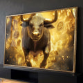 Touro dourado avançando entre moedas de Bitcoin e faíscas em cidade luminosa, quadro decorativo