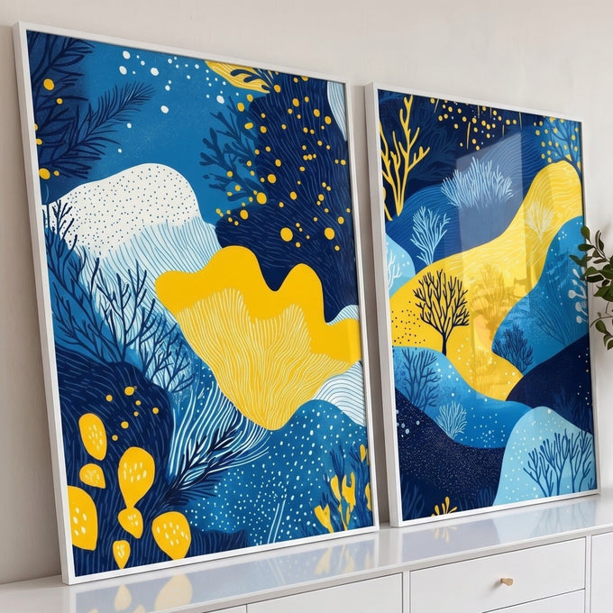 Quadro Decorativo Abstrato Azul e Amarelo Estilo e Sofisticação