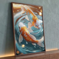 Quadro Decorativo Grande Carpas Koi Douradas para Sala Azul - Borda Infinita / 100x65cm