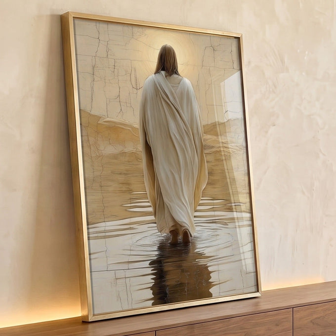 Jesus de costas com manto branco caminhando sobre as águas sob halo dourado, tons bege, quadro decorativo