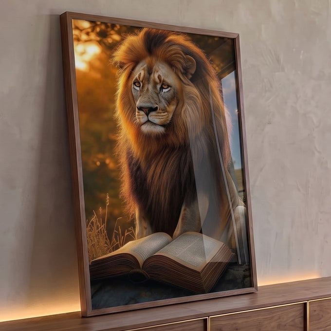 Leão de juba dourada sentado diante de Bíblia aberta sob luz de pôr do sol, quadro decorativo