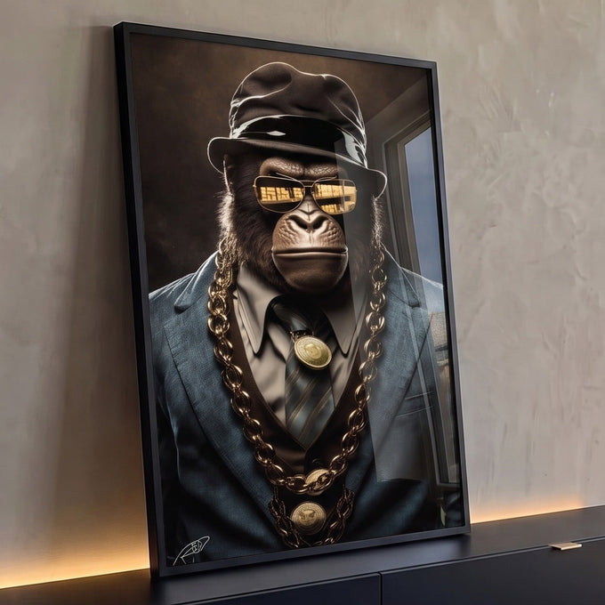 Gorila de terno azul, chapéu preto, óculos e correntes douradas em fundo escuro, quadro decorativo