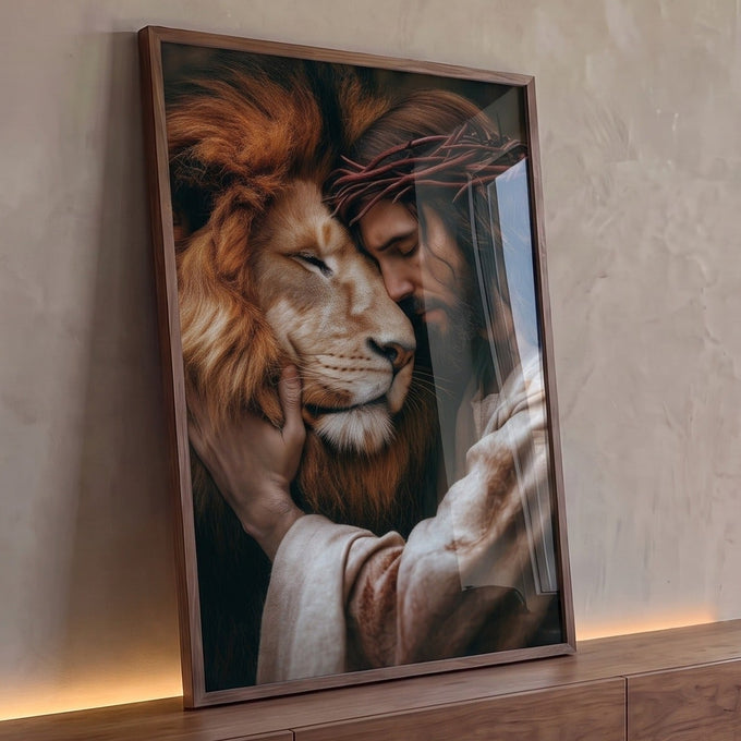 Quadro Decorativo Leão ao Lado de Jesus Cristo