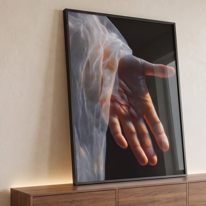 Mão de Jesus com chaga na palma e véu branco translúcido sobre fundo preto, quadro decorativo