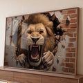 Leão rugindo com garras saindo de parede de tijolos quebrada em efeito 3D, quadro decorativo