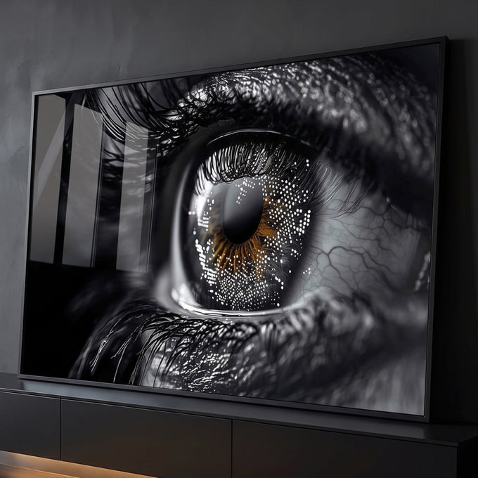 Close macro de olho feminino em preto e branco com íris âmbar e cílios longos, quadro decorativo