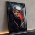 Rosto de mulher em capacete de astronauta com reflexos vermelhos no espaço escuro, quadro decorativo