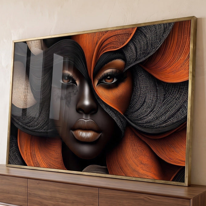 Rosto de mulher negra com cabelos abstratos em preto, laranja e bege texturizado, quadro decorativo