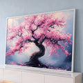 Cerejeira de tronco retorcido com flores rosa e pétalas caindo sobre fundo azul, quadro decorativo