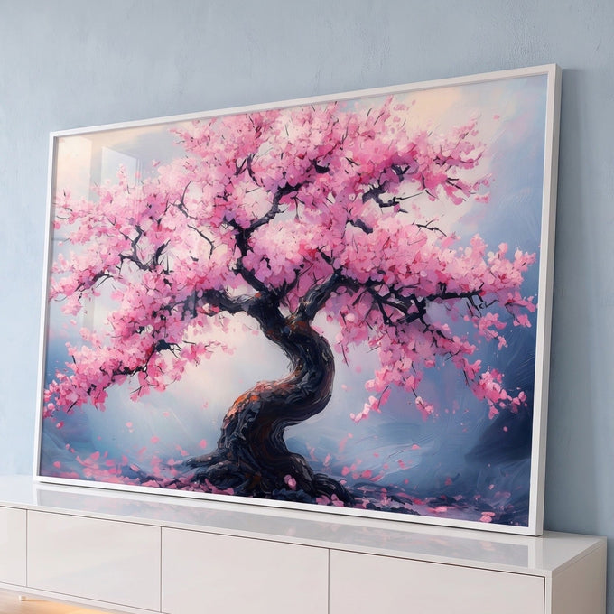 Cerejeira de tronco retorcido com flores rosa e pétalas caindo sobre fundo azul, quadro decorativo