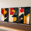 Trio de telas abstratas geométricas estilo Bauhaus com círculos vermelhos e amarelos, quadro decorativo