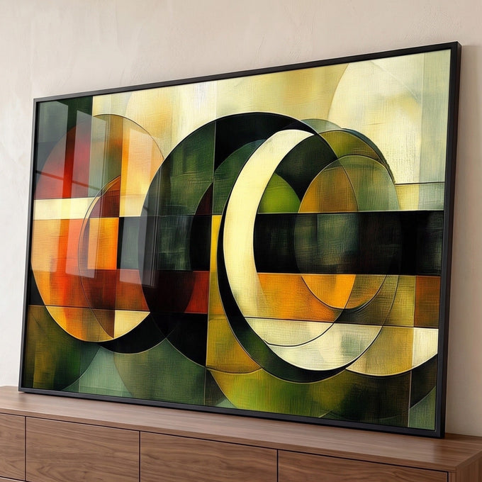 Círculos e anéis geométricos abstratos em verde, laranja, amarelo e preto, quadro decorativo