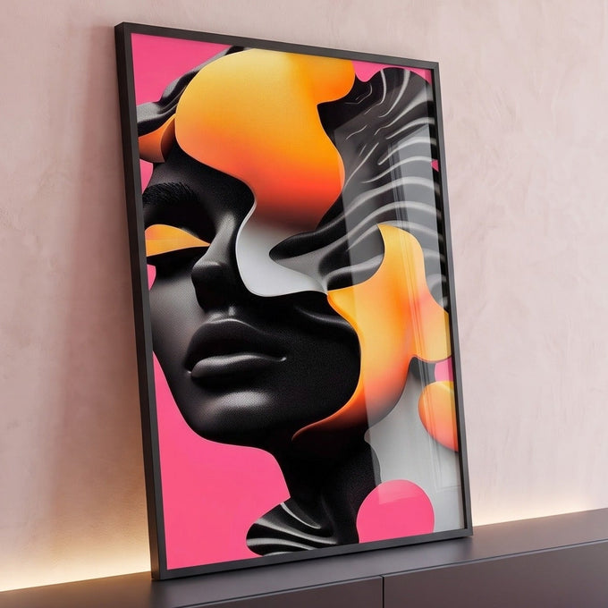 Rosto feminino escultural preto de olhos fechados com formas laranja e fundo rosa, quadro decorativo