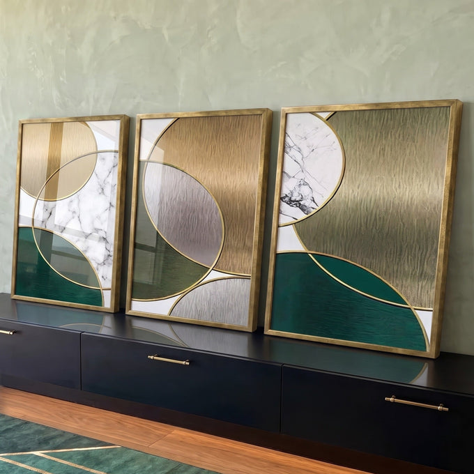 Tríptico abstrato com círculos dourados, prateados, verde esmeralda e mármore, quadro decorativo