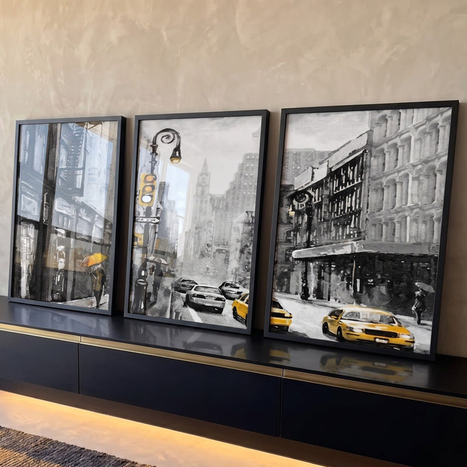 Quadro Decorativo Energia Urbana e Táxis Amarelos