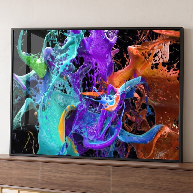 Explosão de tinta líquida roxa, turquesa e laranja em fundo preto, arte abstrata, quadro decorativo