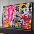 Grafite pop art com neon rosa Love Is All We Need, casal de crianças e cachorro, quadro decorativo