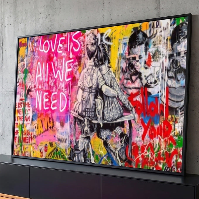 Grafite pop art com neon rosa Love Is All We Need, casal de crianças e cachorro, quadro decorativo