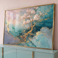 Árvore dourada com flores rosa sobre mármore abstrato azul turquesa com veios de ouro, quadro decorativo