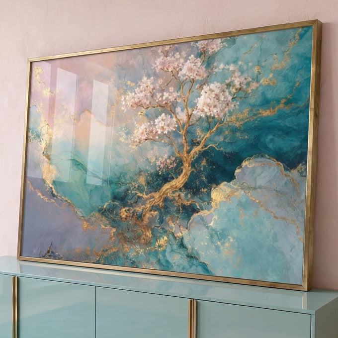 Árvore dourada com flores rosa sobre mármore abstrato azul turquesa com veios de ouro, quadro decorativo