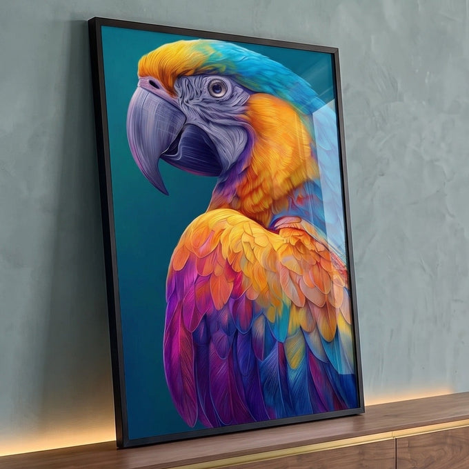 Arara de perfil com penas azuis, amarelas, laranja e roxas sobre fundo azul-petróleo, quadro decorativo