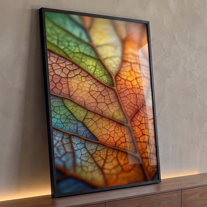Macro de folha com nervuras em laranja, verde, azul e amarelo iluminada por trás, quadro decorativo