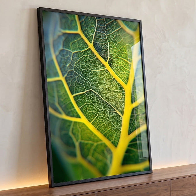 Macro de folha verde com nervuras amarelas iluminadas e textura detalhada, quadro decorativo