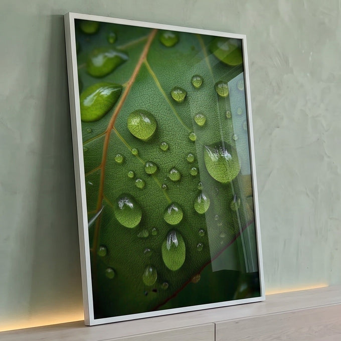 Folha verde em close com gotas de água e nervuras aparentes, quadro decorativo