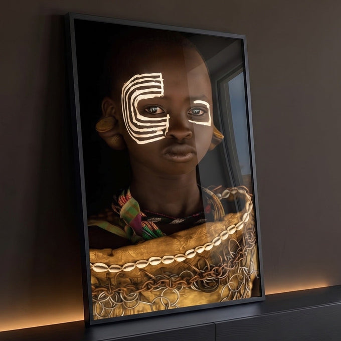 Criança africana com pintura facial branca, búzios e adornos dourados em fundo preto, quadro decorativo