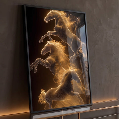 Quadro Decorativo Cavalos Dourados em Movimento