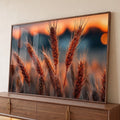 Espigas de trigo em contraluz com fundo desfocado laranja do pôr do sol, quadro decorativo