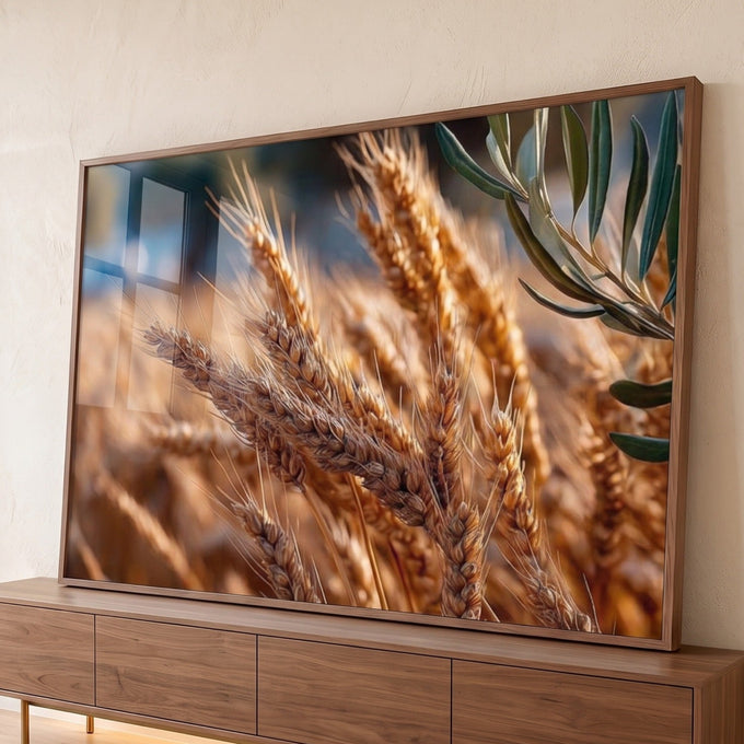 Espigas de trigo dourado em close com ramo de oliveira e fundo desfocado, quadro decorativo