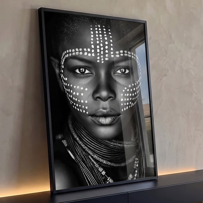Retrato preto e branco de mulher africana com pintura facial de pontos brancos e colares, quadro decorativo