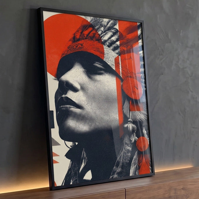 Retrato indígena com cocar de penas em preto e branco com formas geométricas vermelhas, quadro decorativo