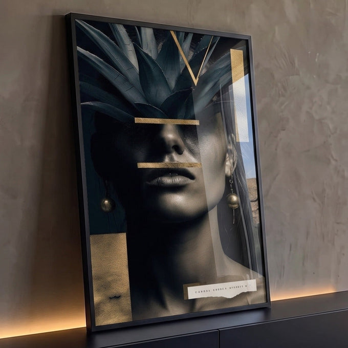 Rosto de mulher em tons escuros com folhas de agave e faixas douradas geométricas, quadro decorativo