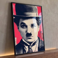 Quadro Decorativo Grande Charlie Chaplin para Sala Vermelho - Borda Infinita / 100x65cm