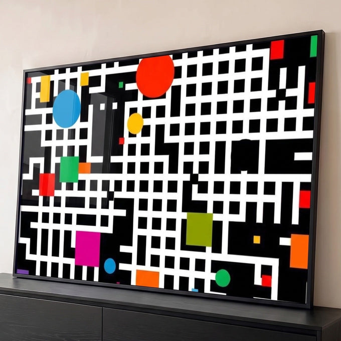 Grade geométrica preta e branca com círculos e quadrados coloridos em estilo abstrato, quadro decorativo
