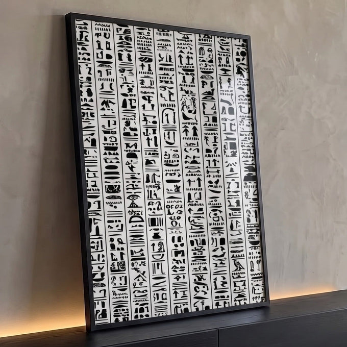 Colunas verticais de hieróglifos egípcios em preto sobre fundo branco, quadro decorativo