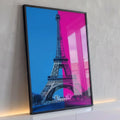 Torre Eiffel de Paris em pop art com fundo dividido em azul e magenta, quadro decorativo