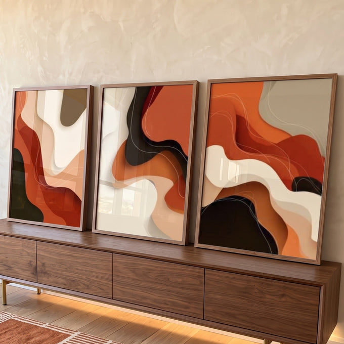 Três telas abstratas com ondas orgânicas em laranja, terracota, creme e preto, quadro decorativo