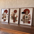 Trio abstrato geométrico com círculos terracota e folhagem em fundo bege, quadro decorativo