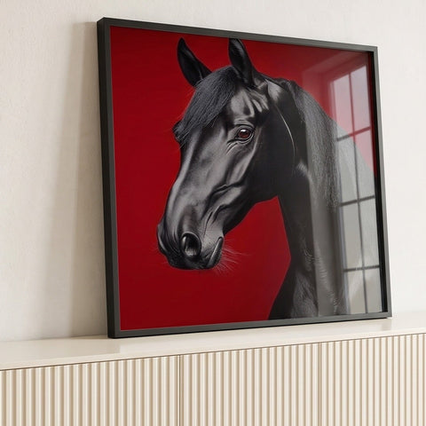Quadro Decorativo Cavalo Negro em Vermelho