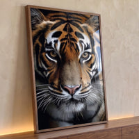 Quadro Decorativo Grande Rosto de Tigre para Sala Laranja - Borda Infinita / 100x65cm