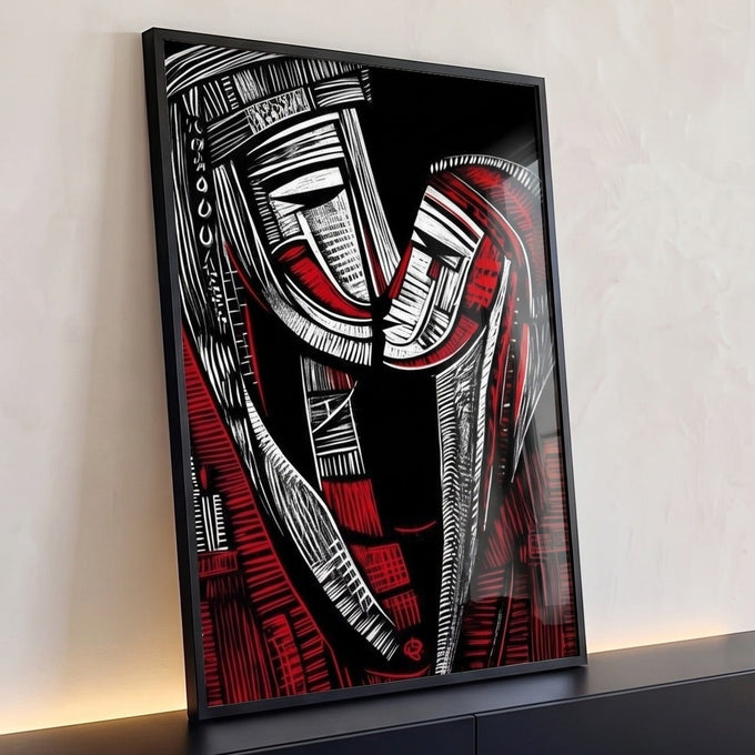 Casal abstrato em traços brancos e vermelhos sobre fundo preto, rostos unidos, quadro decorativo