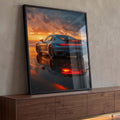 Porsche 911 azul de traseira em praia molhada ao pôr do sol com reflexo das lanternas, quadro decorativo